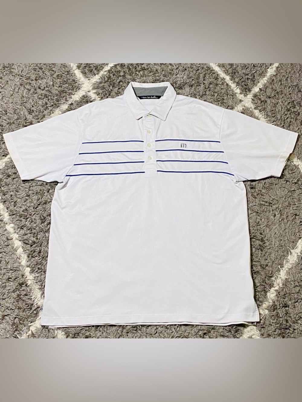 Travis Matthew White Men's Polo Shirt with Navy Stripes | Size XL